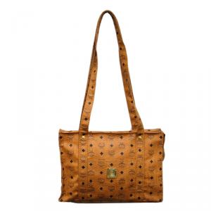 Pre Owned MCM Cognac Visetos Coated Canvas Medium Heritage Top Zip Shopper Tote