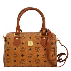 MCM Cognac Visetos Coated Canvas Small Heritage Boston