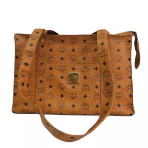 MCM Cognac Visetos Coated Canvas Medium Heritage Top Zip Shopper Tote