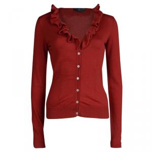 Pre Owned McQ by Alexander McQueen Red Ruffle Detail Button Front Cardigan S