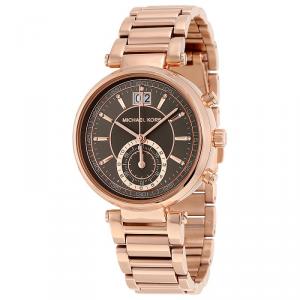 Pre Owned Michael Kors Grey Rose Gold-Plated Stainless Steel Sawyer MK6226 Women's Wristwatch 39MM