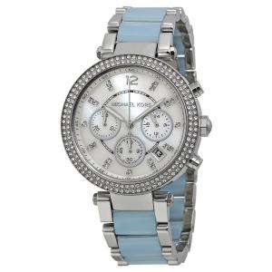 Pre Owned Michael Kors Silver Stainless Steel Crystal Parker MK6138 Women's Wristwatch 39MM