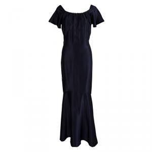 Michael Kors Navy Blue Satin Ruffle Detail Backless Maxi Dress S