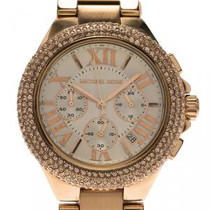 Pre Owned Michael Kors Cream Rose Gold-Plated Stainless Steel Crystal Camille MK5636 Women's Wristwatch 43MM