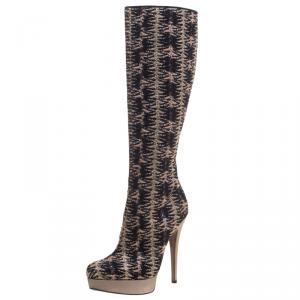 Pre Owned Missoni Black and Gold Patterned Knit Fabric  Knee High Boots Size 39