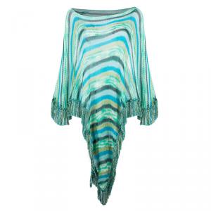 Pre Owned Missoni Blue Striped Knit Fringed Poncho OS