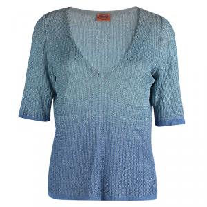 Pre Owned Missoni Blue Ombre Perforated Lurex Knit V-Neck Top M