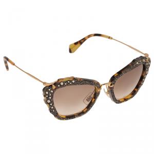 Pre Owned Miu Miu Tortoise SMU 04Q Embellished Cat Eye Sunglasses 