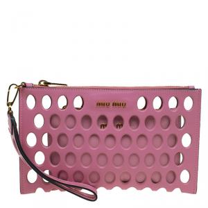 Pre Owned Miu Miu Pink Perforated Leather Wristlet Pouch