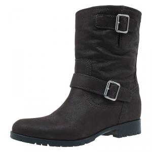 Pre Owned Miu Miu Brown Leather Buckle Detail Biker Boots Size 40