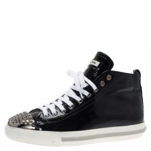 Pre Owned Miu Miu Black Patent Studded Cap Toe High Top Sneakers Size 39