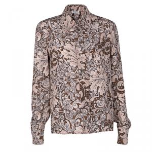 Miu Miu Brown Leaf Printed Silk Long Sleeve Shirt M