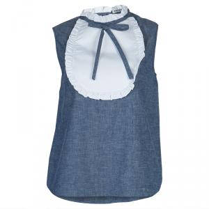Miu Miu Blue Cotton Chambray Contrast Bib Sleeveless Top M