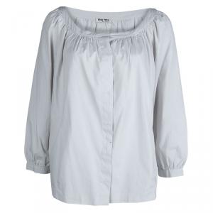 Miu Miu Grey Cotton Gathered Long Sleeve Blouse L