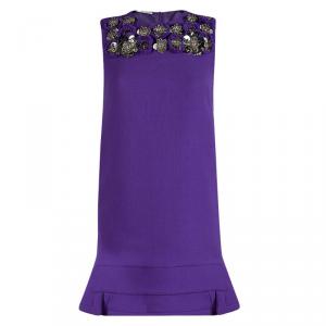 Miu Miu Purple Metal Flower Embellished Sleeveless Wool Dress S