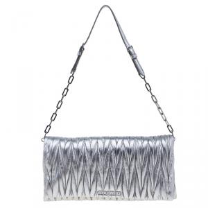 Miu Miu Metallic Silver Leather Azalea Matelasse Pochette