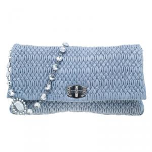 Pre Owned Miu Miu Light Blue Leather Crystal Matelasse Shoulder Bag