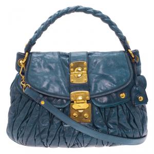 Pre Owned Miu Miu Denim Blue Leather Matelasse Hobo Bag