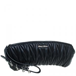 Pre Owned Miu Miu Black Matelasse Leather Wristlet Clutch 