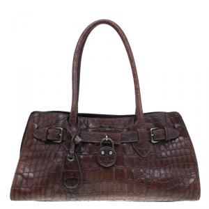 Miu Miu Brown Croc Embossed Leather Vintage Tote