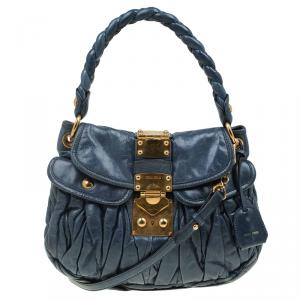 Miu Miu Navy Blue Matelasse Lux Leather Small Coffer Hobo