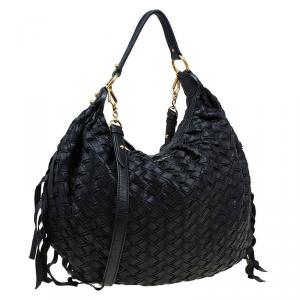 Miu Miu  Black Woven Leather Fringe Hobo