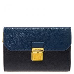 Miu Miu Blue Bi Color Madras Leather Compact Wallet
