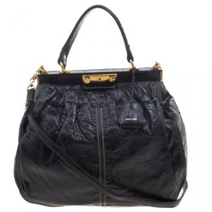 Miu Miu Black Vitello Lux Leather Frame Top Handle Bag