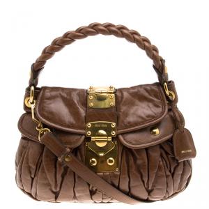 Miu Miu Brown Matelasse Lux Leather Small Coffer Hobo