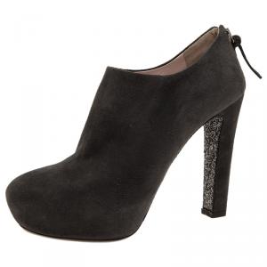 Pre Owned Miu Miu Grey Suede Glitter Heel Platform Ankle Boots  Size 38