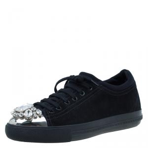 Pre Owned Miu Miu Black Suede Crystal Cap Toe Suede Sneakers Size 39