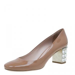 Pre Owned Miu Miu Brown Patent Jeweled Block Heel Pumps Size 39.5