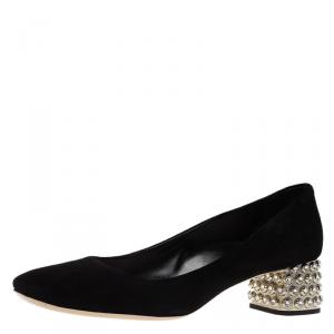 Miu Miu Black Suede Crystal Block Heel Pumps Size 39