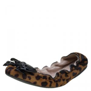 Miu Miu Brown Cheetah Print Calf Hair Bow Detail Ballet Flats Size 38.5