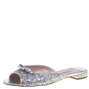 Miu Miu Silver Glitter Bow Detail Jeweled Heel Flat Slides Size 38