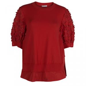 Moncler Red Knit  Floral Applique Sleeve Detail Top M