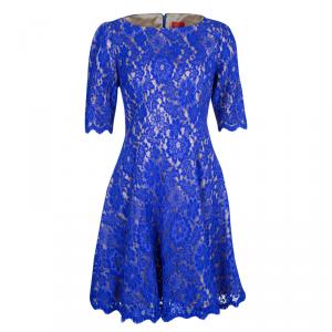 ML By Monique Lhuillier Blue Scalloped Lace Short Sleeve Dress L