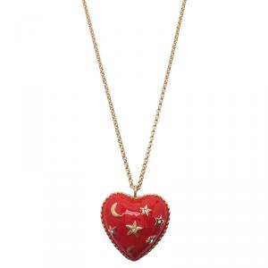Pre Owned Moschino Moon And Stars Wide Red Pendant Necklace