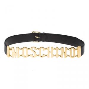 Pre Owned Moschino Black Leather Logo Chain Belt 100 CM