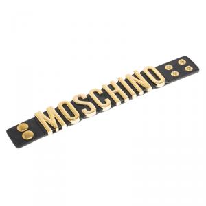 Moschino Logo Plaque Black Leather Cuff Bracelet