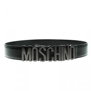 Pre Owned Moschino Black Leather Logo Belt 90 CM
