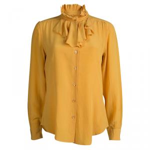 Moschino Yellow Ruffle Detail Long Sleeve Silk Blouse L