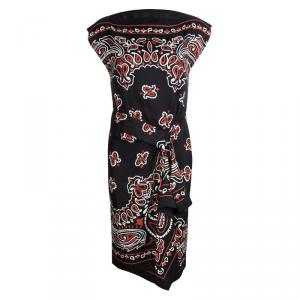 Pre Owned Moschino Couture Black Paisley Printed Silk Draped Dress S
