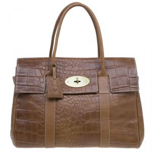 Pre Owned Mulberry Brown Croc Embossed Leather Bayswater Satchel