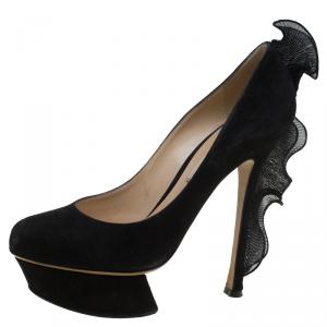 Nicholas Kirkwood Black Suede Ruffle Trimmed Platform Pumps Size 38