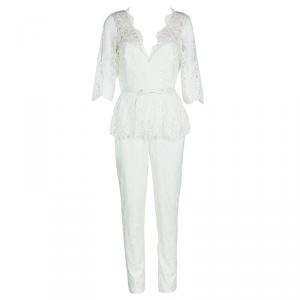 Notte By Marchesa White Lace V-Neck Belted Jumpsuit M
