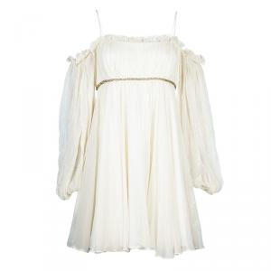 Marchesa Notte Cream and Glitter Off-Shoulder Top L