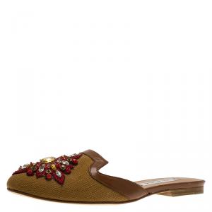 Pre Owned Oscar De La Renta Brown Embellished Canvas and Leather Flat Spanish Mules Size 36