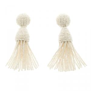 Pre Owned Oscar De La Renta Cream Beaded Tassel Clip-on Earrings