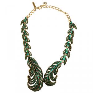Pre Owned Oscar De La Renta Green Crystal Feather Necklace